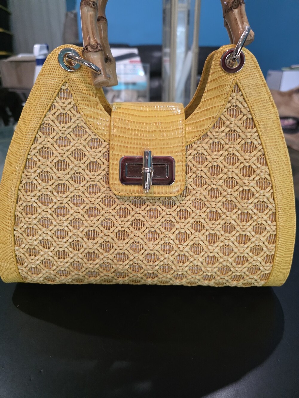 New Brahmin Adrian Yellow Woven Straw Tote Bag with Bamboo Handles